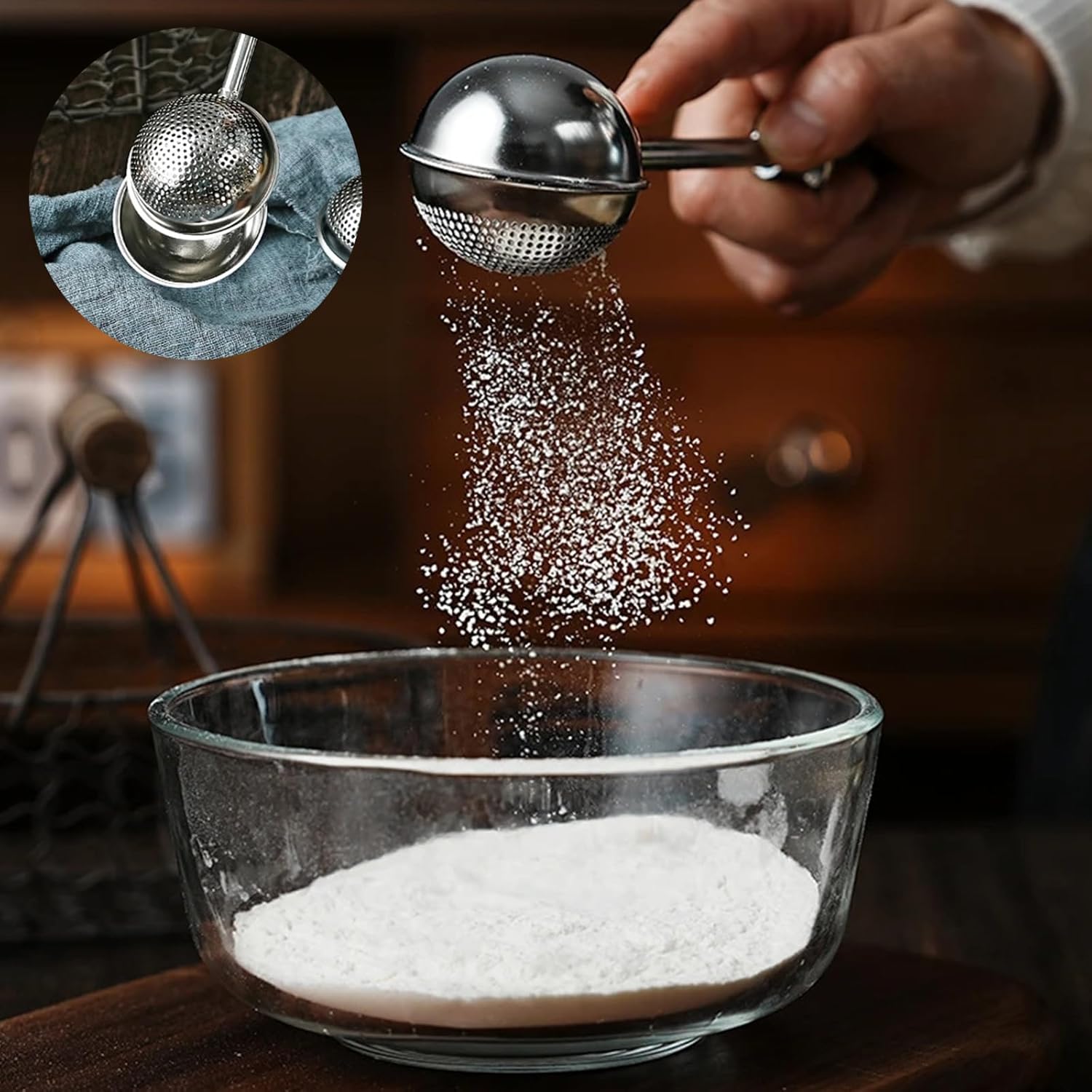 2 Pcs Stainless Steel Loose Leaf Tea Infuser with Retractable Long Handle, Sugar Flour Sifters Powdered Shaker, Dual Leak for Tea Leaf, Baking, and Cooking