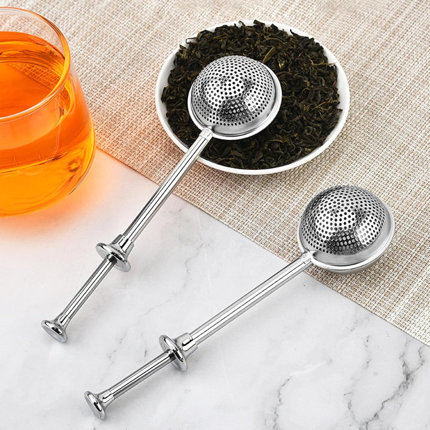 2 Pcs Stainless Steel Loose Leaf Tea Infuser with Retractable Long Handle, Sugar Flour Sifters Powdered Shaker, Dual Leak for Tea Leaf, Baking, and Cooking
