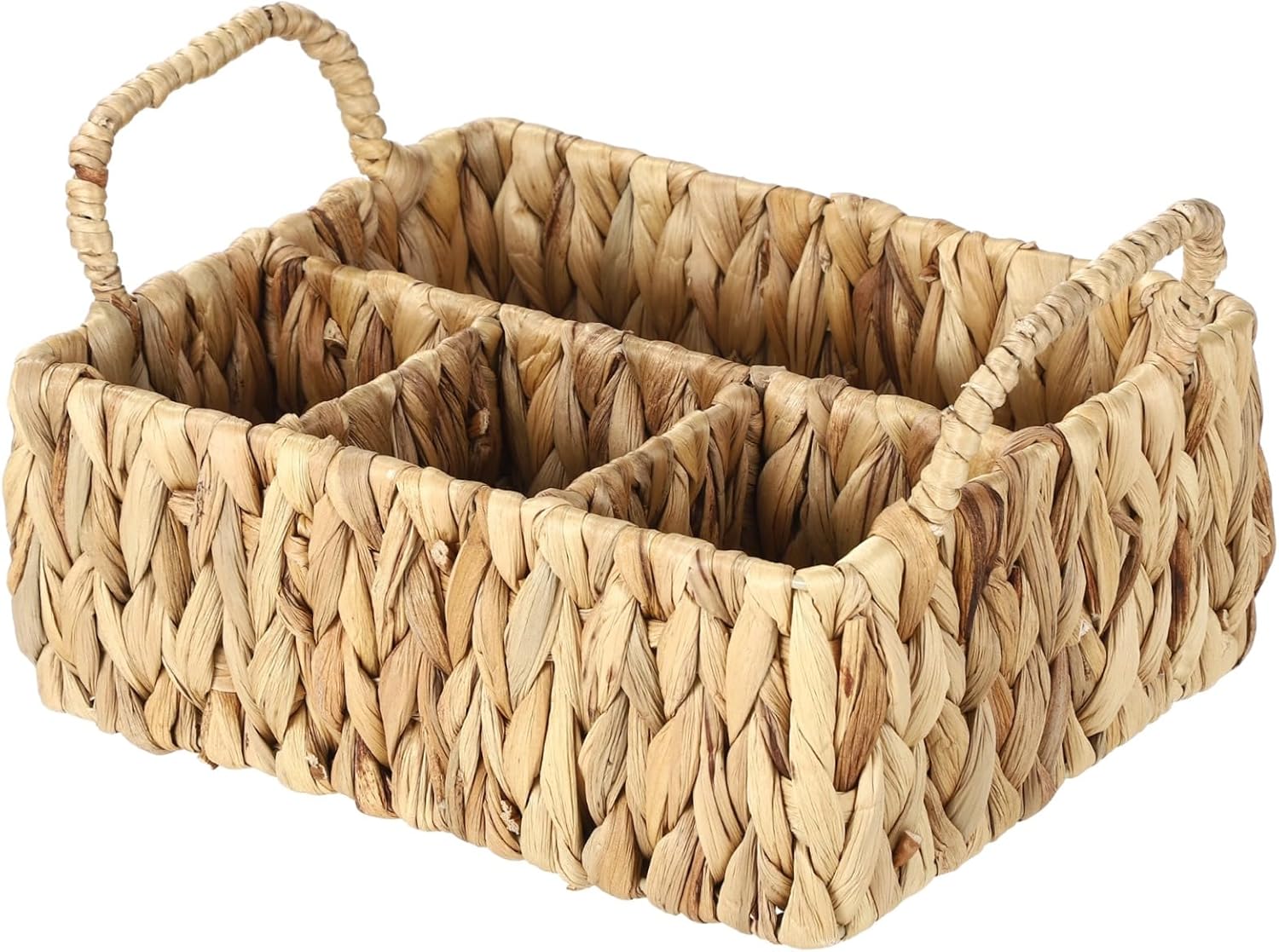 Silverware Basket, Water Hyacinth Utensil Caddy, 4-Compartment Flatware Storage Basket with Dual Handles, Farmhouse Divided Cutlery Holder, Natural Woven Silverware Organizer, 10.4 x 8.5 x 6.1 in