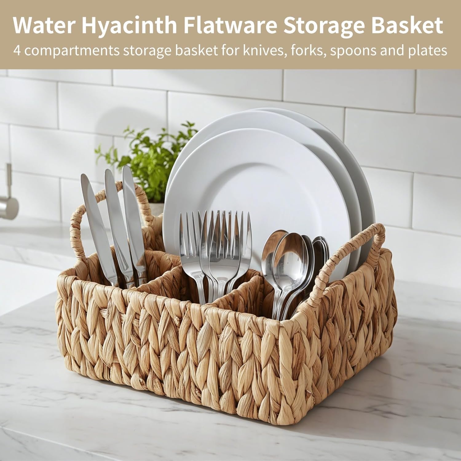 Silverware Basket, Water Hyacinth Utensil Caddy, 4-Compartment Flatware Storage Basket with Dual Handles, Farmhouse Divided Cutlery Holder, Natural Woven Silverware Organizer, 10.4 x 8.5 x 6.1 in