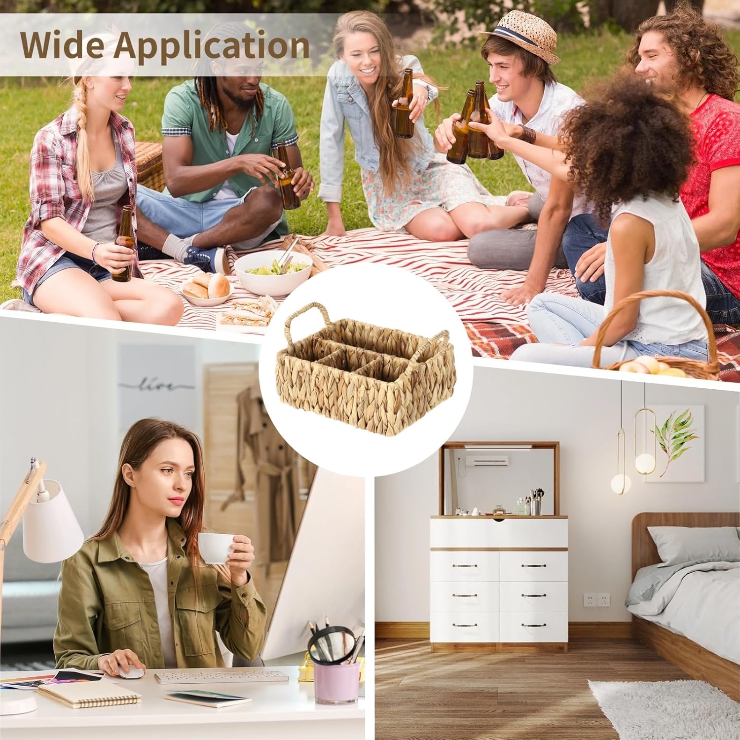 Silverware Basket, Water Hyacinth Utensil Caddy, 4-Compartment Flatware Storage Basket with Dual Handles, Farmhouse Divided Cutlery Holder, Natural Woven Silverware Organizer, 10.4 x 8.5 x 6.1 in