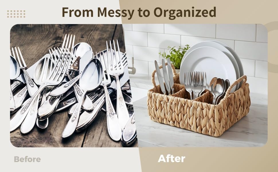 Silverware Basket, Water Hyacinth Utensil Caddy, 4-Compartment Flatware Storage Basket with Dual Handles, Farmhouse Divided Cutlery Holder, Natural Woven Silverware Organizer, 10.4 x 8.5 x 6.1 in
