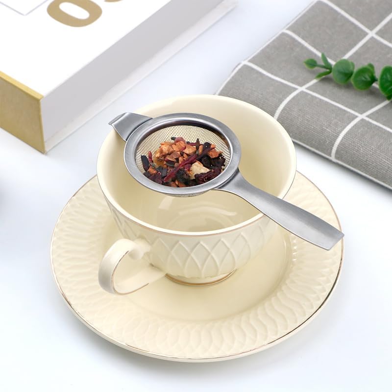 Long Handle Tea Filters with Drip Bowl,Stainless Steel Tea Strainers.Reusable Extra Fine Mesh Tea Infuser for Loose Leaf Tea,Coffee,Spice Seasonings and Teaware Accessories (Gold)