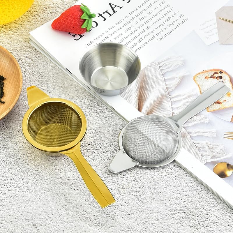 Long Handle Tea Filters with Drip Bowl,Stainless Steel Tea Strainers.Reusable Extra Fine Mesh Tea Infuser for Loose Leaf Tea,Coffee,Spice Seasonings and Teaware Accessories (Gold)