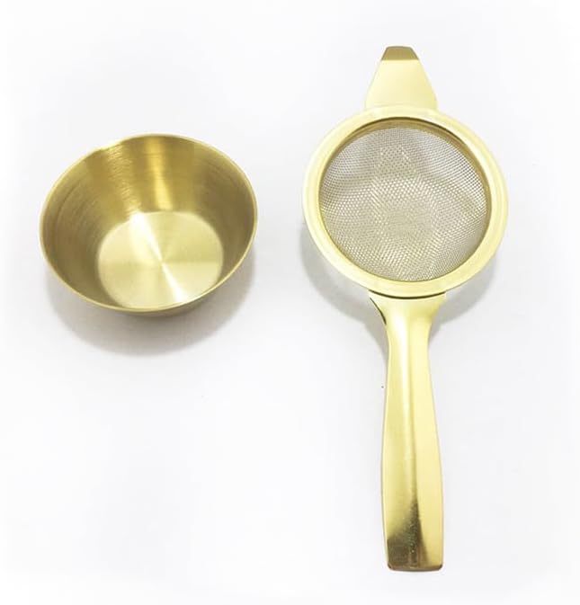 Long Handle Tea Filters with Drip Bowl,Stainless Steel Tea Strainers.Reusable Extra Fine Mesh Tea Infuser for Loose Leaf Tea,Coffee,Spice Seasonings and Teaware Accessories (Gold)