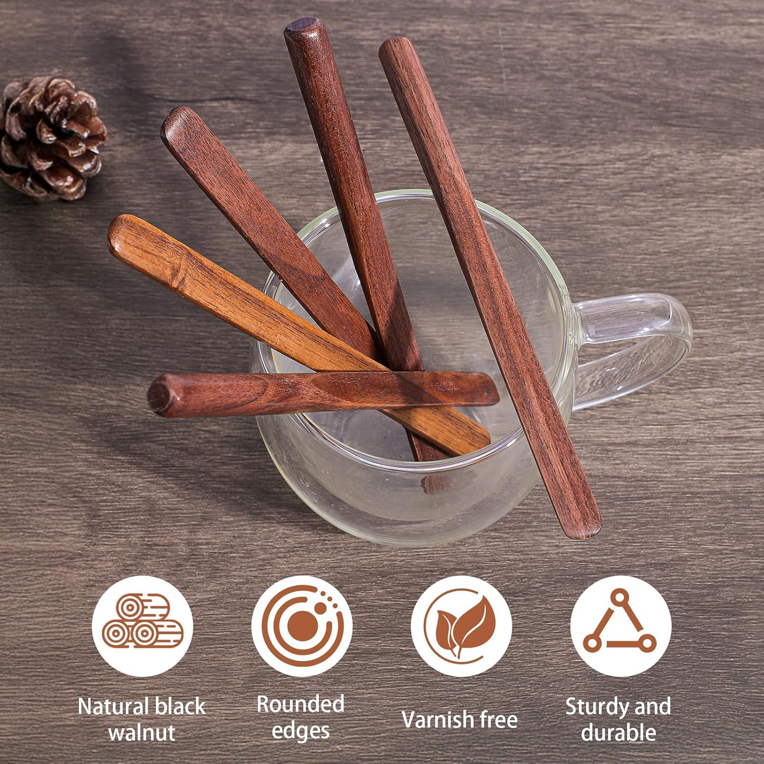 5 Pcs Coffee Stirrers 6 Inch Reusable Multifunctional Black Walnut Wood Stirrers Long Handle Mixing Spoon Honey Spoons Peanut Butter Spreader for Coffee Drinks Tea Milk Oatmeal Oil Jam Peanut Butter