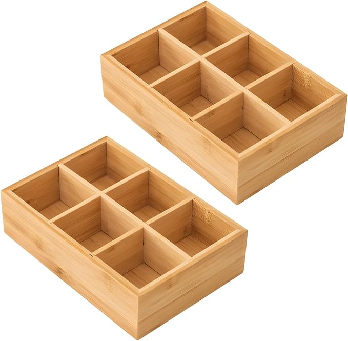 2 Pcs Wooden Tea Bag Organizers, Hot Tea Bag Holder Boxes, 6 Compartment Storage, Great for Tea Bags, Coffee Pods, Sugar Packets, Office & Kitchen Organization, 9.4 x 6.5 x 2.5