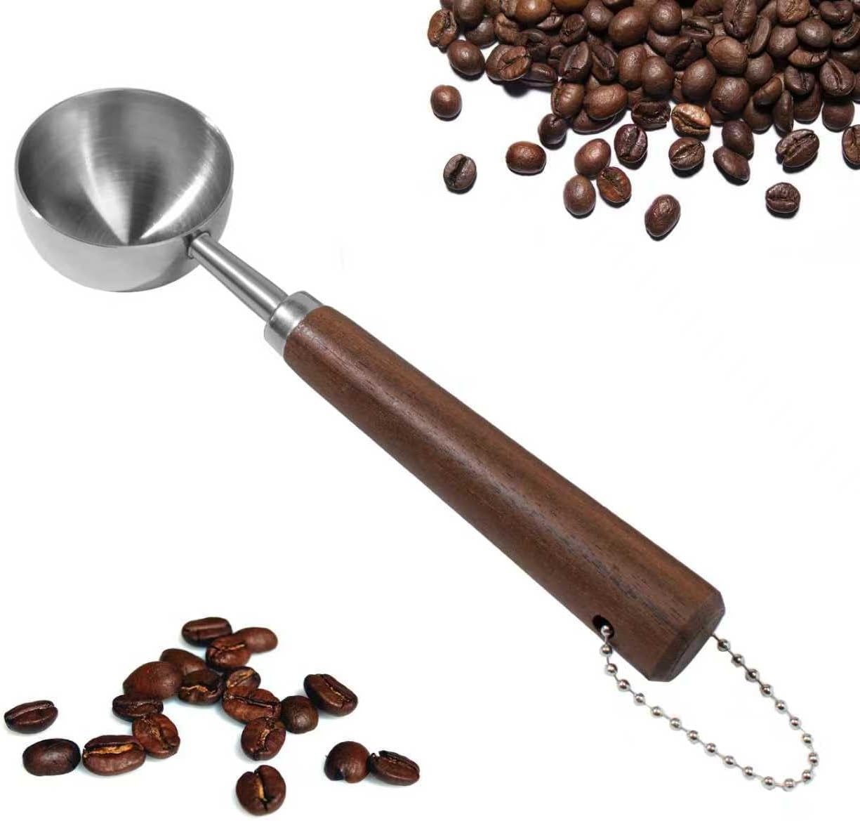 2PCS Vintage Coffee Measuring Spoon， 30ml/10g Capacity coffee scoop for ground coffee、Coffee Beans And Tea，304 Stainless Steel coffee spoons with long Wooden Handle（Silver)