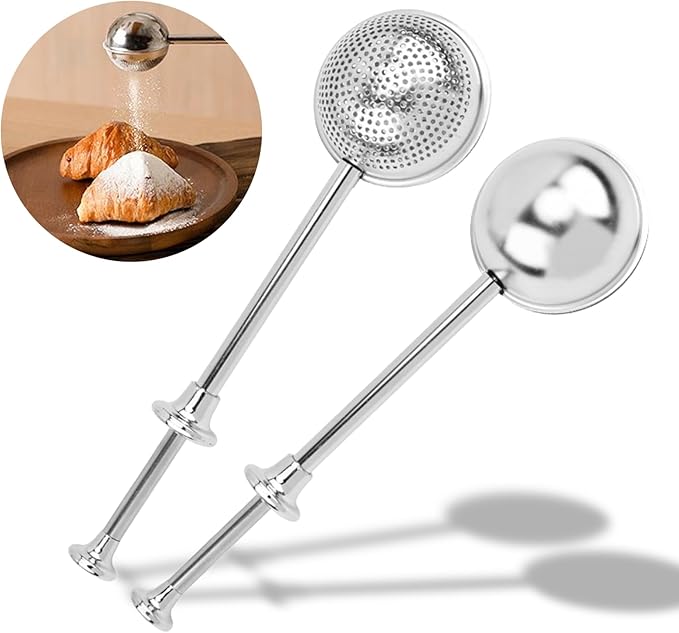 2 Pcs Stainless Steel Loose Leaf Tea Infuser with Retractable Long Handle, Sugar Flour Sifters Powdered Shaker, Dual Leak for Tea Leaf, Baking, and Cooking