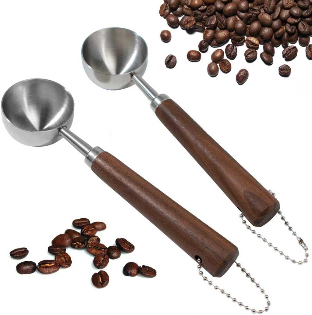 2PCS Vintage Coffee Measuring Spoon， 30ml/10g Capacity coffee scoop for ground coffee、Coffee Beans And Tea，304 Stainless Steel coffee spoons with long Wooden Handle（Silver)