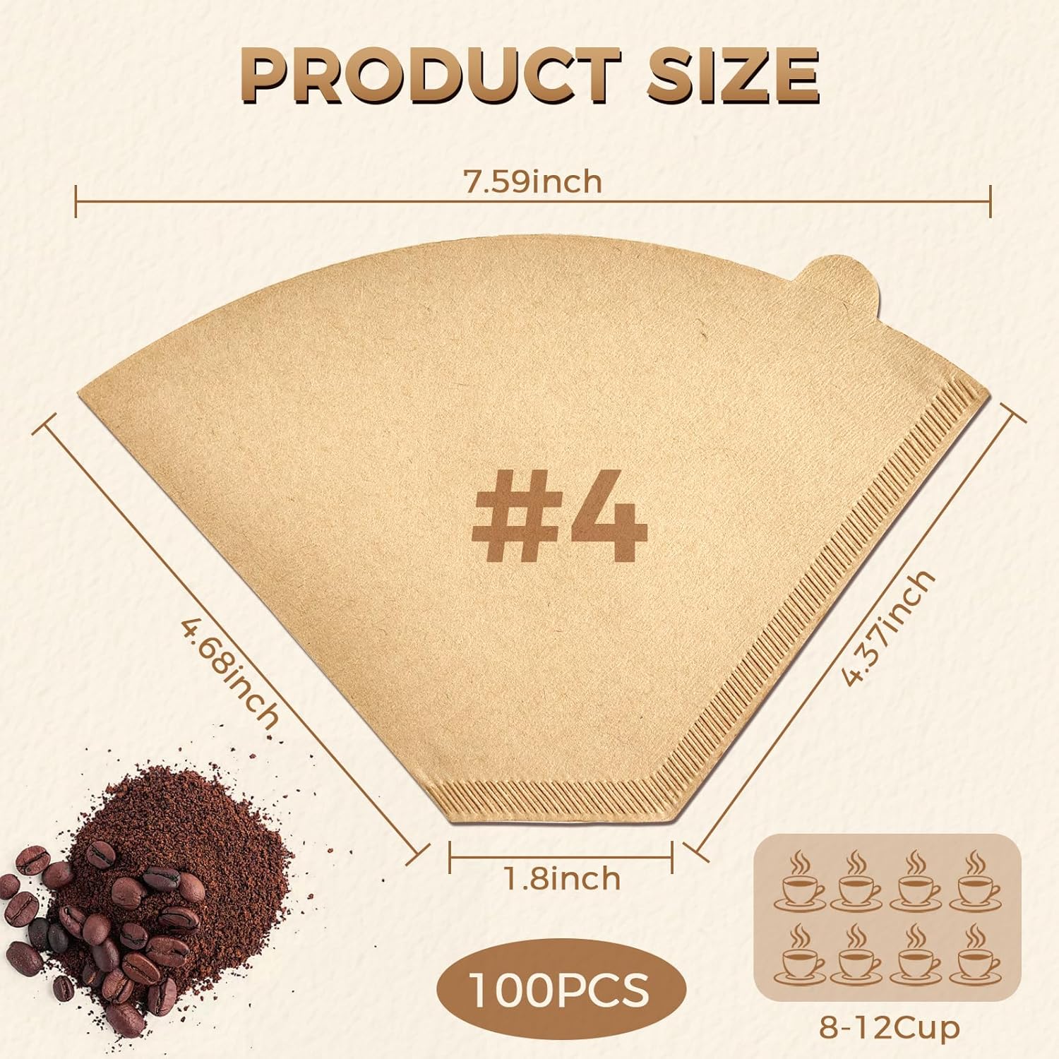 100 Count #4 Cone Coffee Filters 8-12 Cup, Unbleached Natural Paper, Disposable coffee filters 4 cone paper, Filters Paper Compatible with Ninja Coffee Filters, Pour Over and Drip Coffee Maker