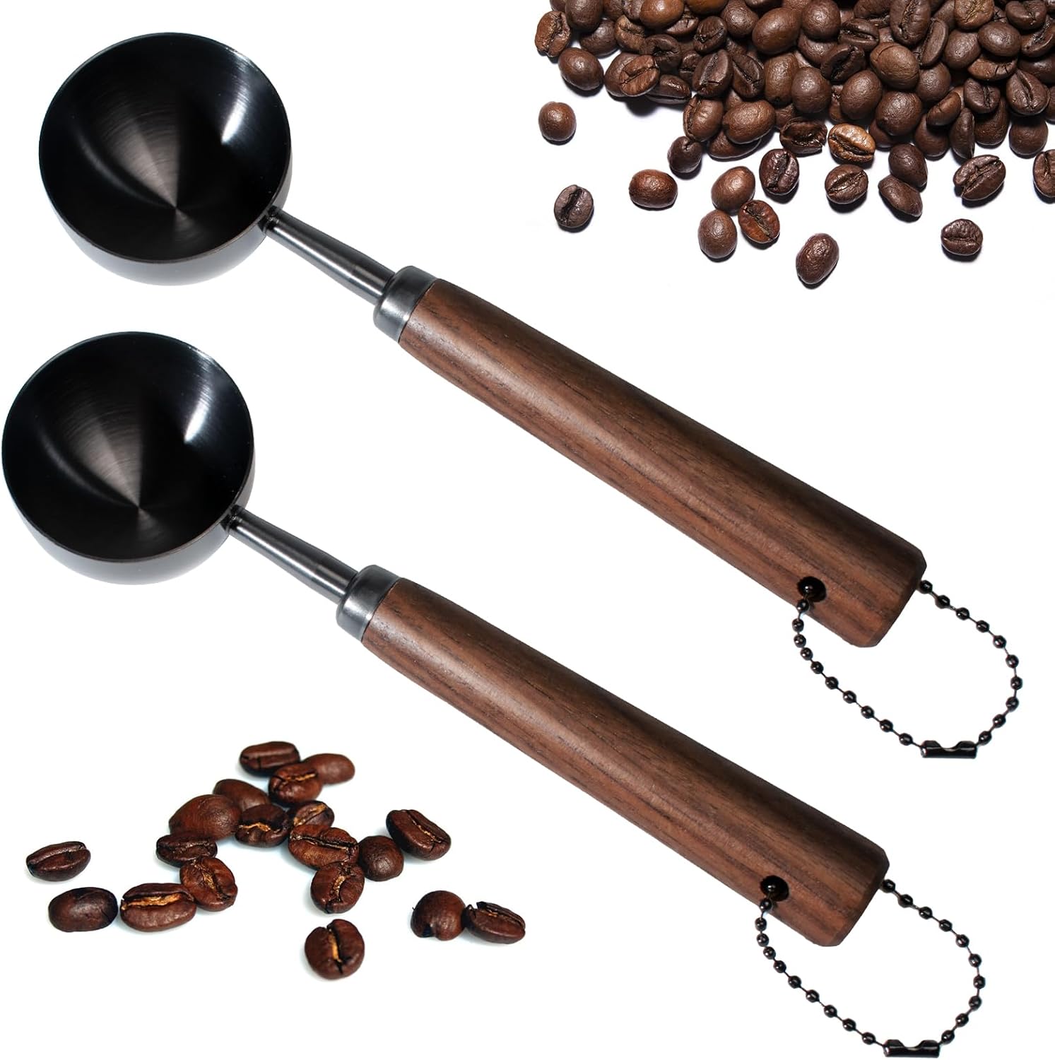 2PCS Vintage Coffee Measuring Spoon， 30ml/10g Capacity coffee scoop for ground coffee、Coffee Beans And Tea，304 Stainless Steel coffee spoons with long Wooden Handle（Silver)
