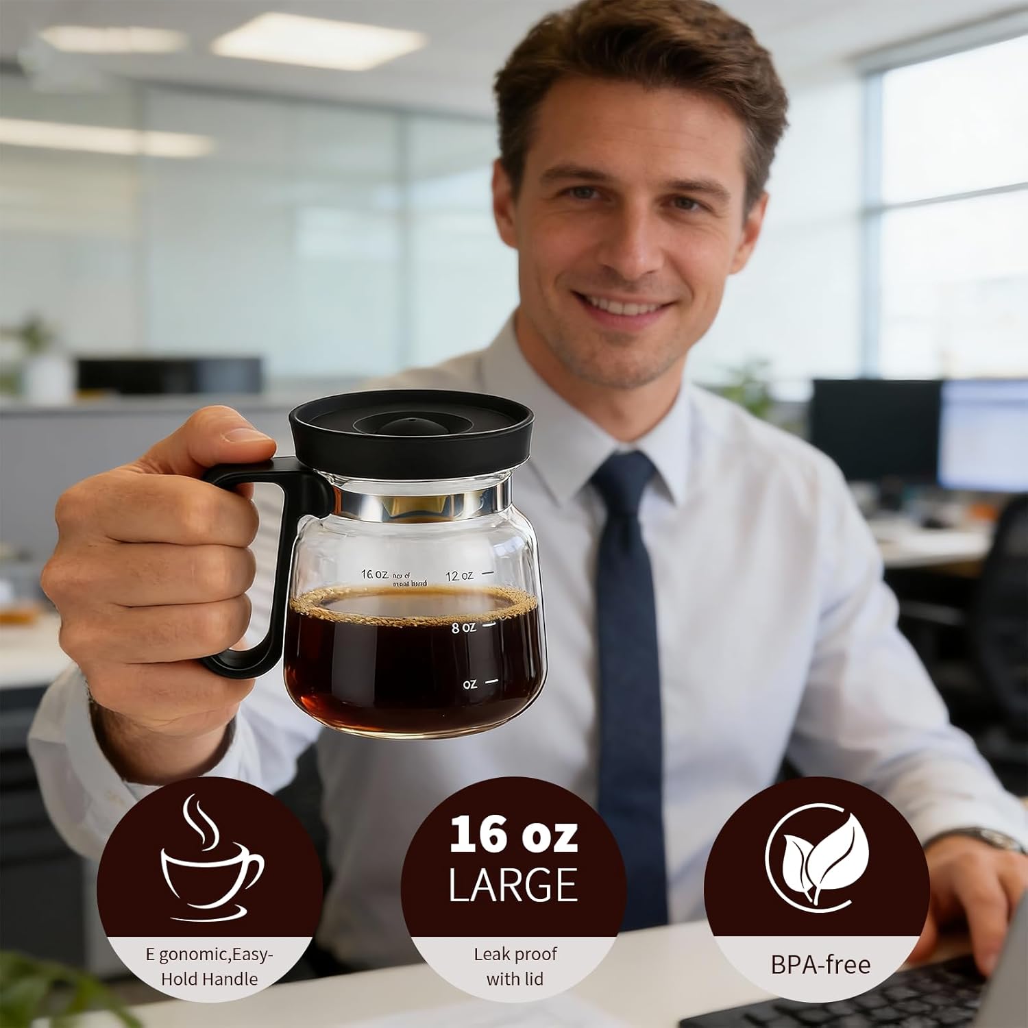 16 Oz Glass Coffee Pot Mug, Mini Coffee Pot Cup, Novelty Heatproof Large Capacity Clear Cup with Handle & Spill Proof Lid, Comes Straw & Coasters, Ideal Gift for Coffee Lovers