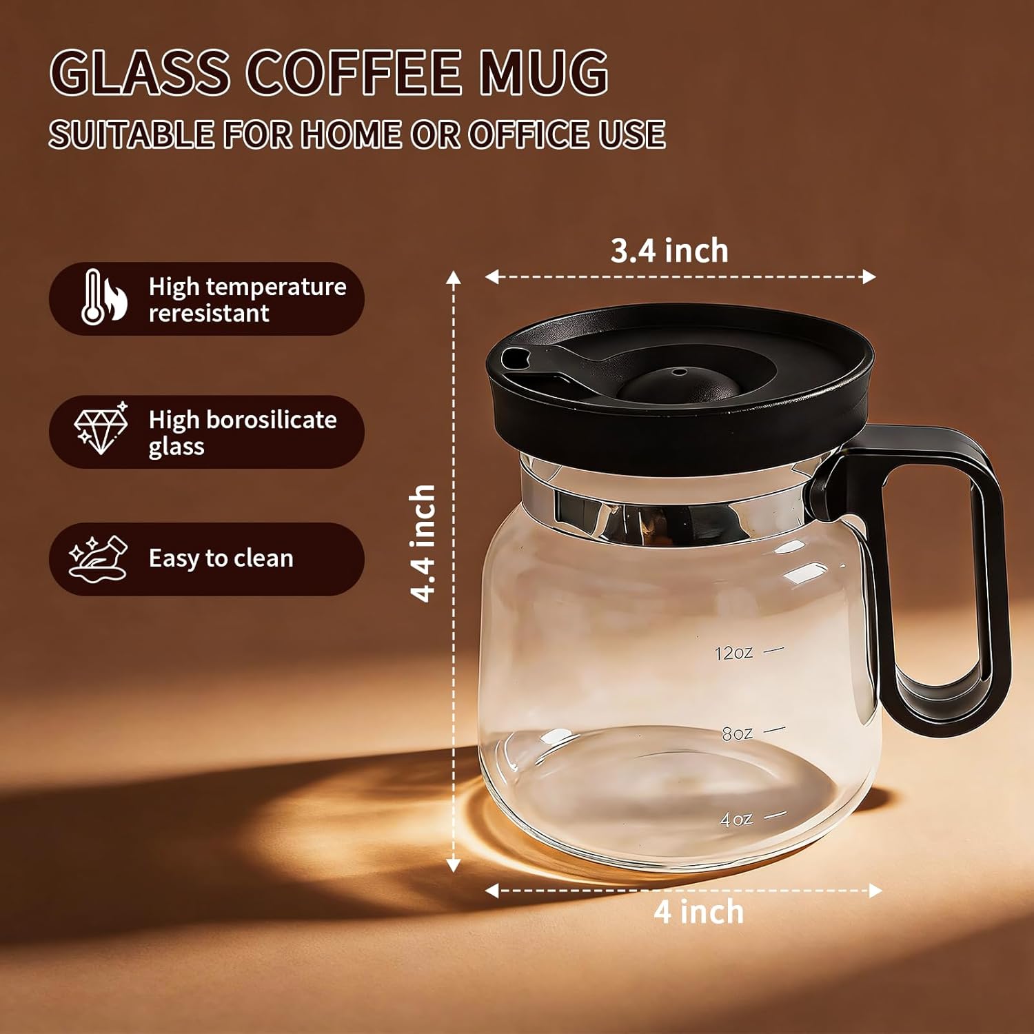 16 Oz Glass Coffee Pot Mug, Mini Coffee Pot Cup, Novelty Heatproof Large Capacity Clear Cup with Handle & Spill Proof Lid, Comes Straw & Coasters, Ideal Gift for Coffee Lovers
