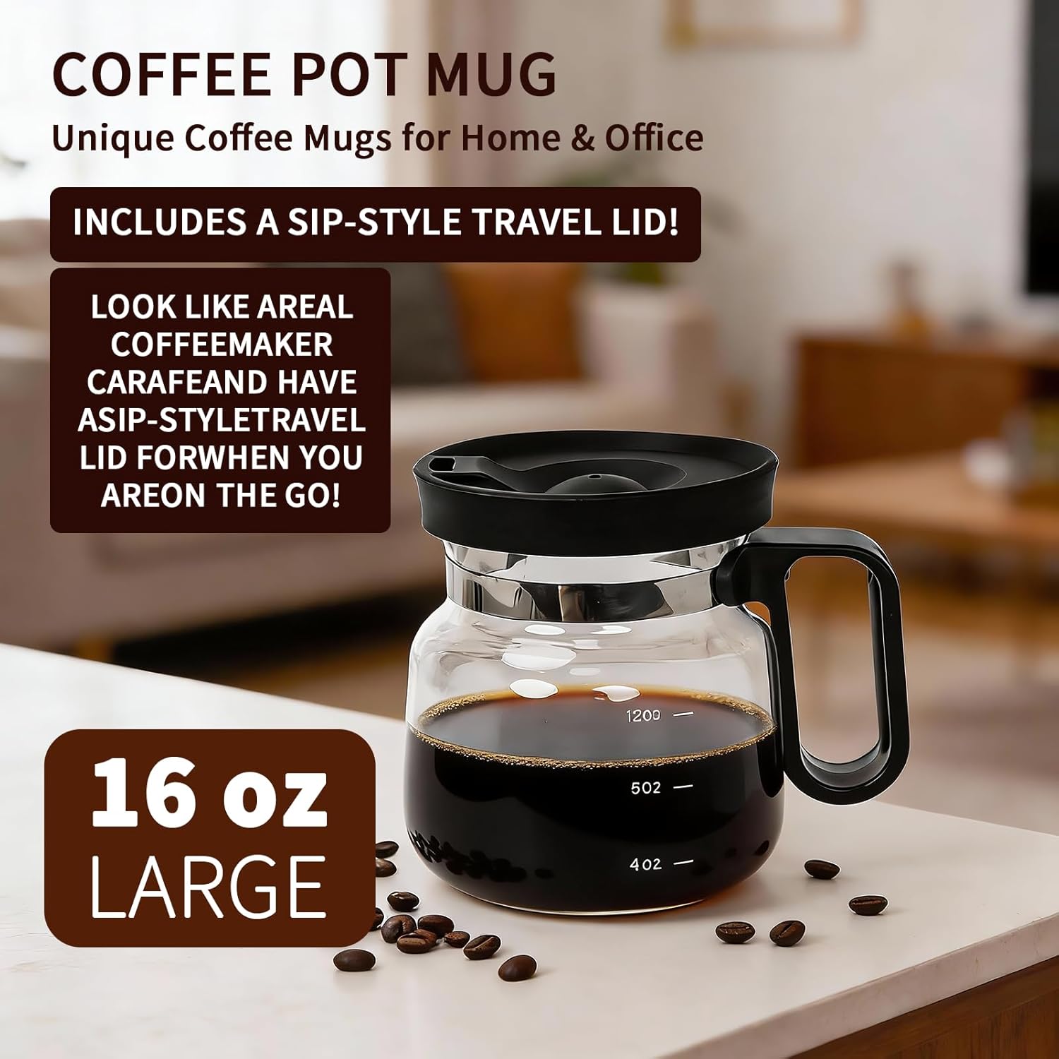 16 Oz Glass Coffee Pot Mug, Mini Coffee Pot Cup, Novelty Heatproof Large Capacity Clear Cup with Handle & Spill Proof Lid, Comes Straw & Coasters, Ideal Gift for Coffee Lovers